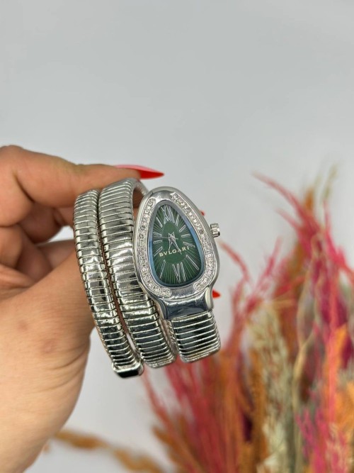 Bvlgari Gümüş Yeşil Kadran Yılan Saat  S619